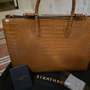 Strathberry Croc-Embossed Structured Tote in Cognac Brown